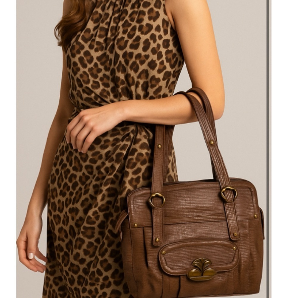 BARBARA MILANO Brown Large Lizard Embossed Leather Shoulder HandbagMade in Italy